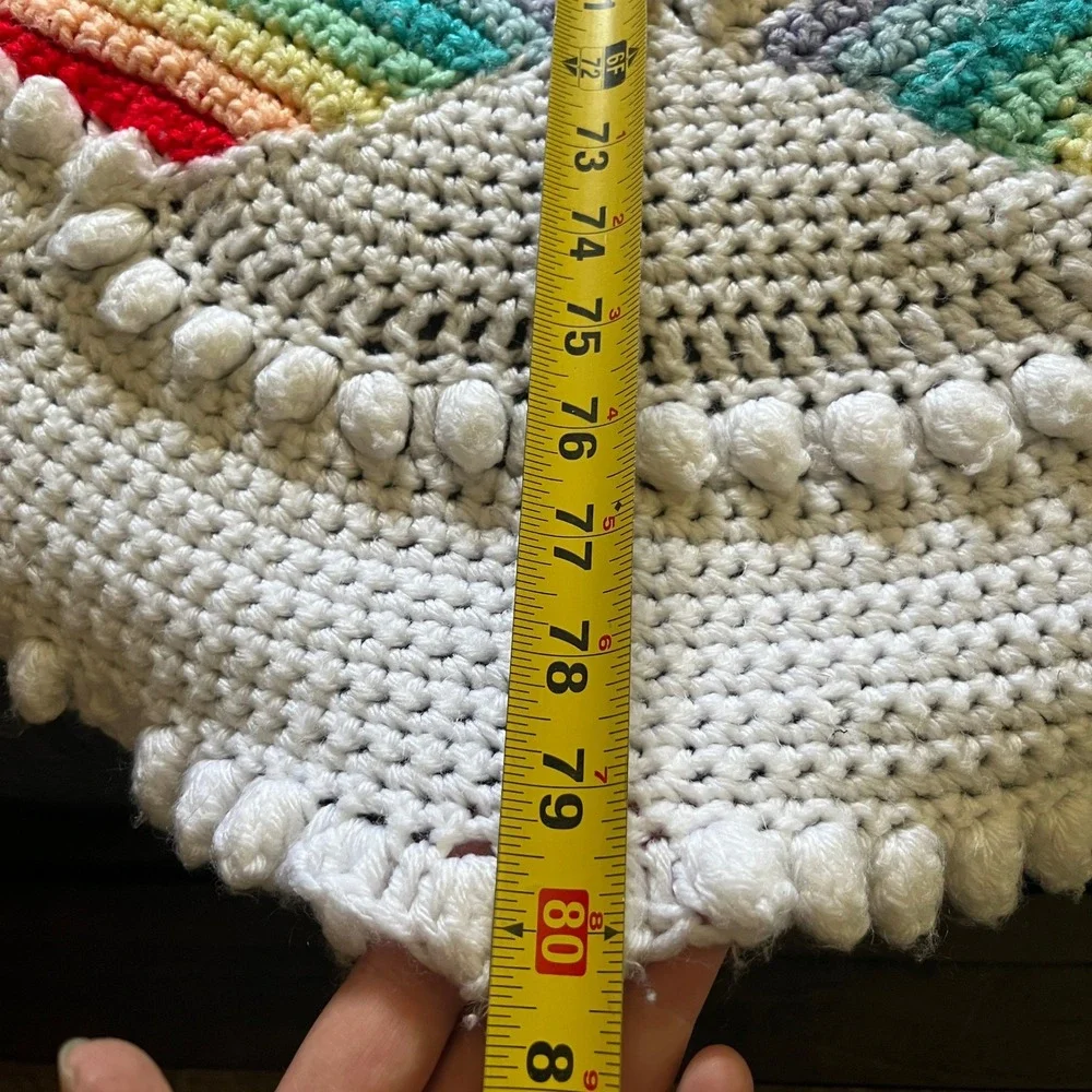 Handmade Crochet Blanket White Rainbow Bobble Stitch Scalloped Throw 80x60